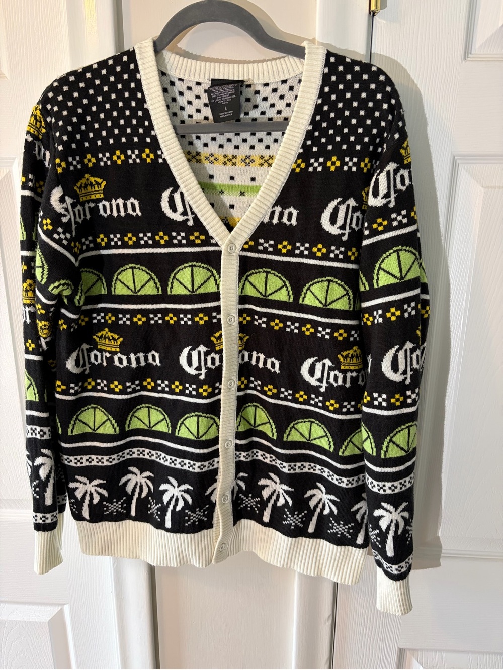 Corona Black, Lime & Cream “Feliz Navidad” holiday cardigan